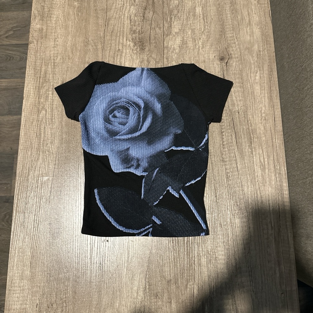 Urban Outfitters Black Crop Top with Blue Rose Graphic